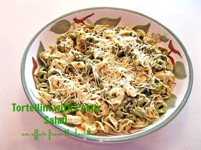 overhead of tortellini salad in a serving bowl