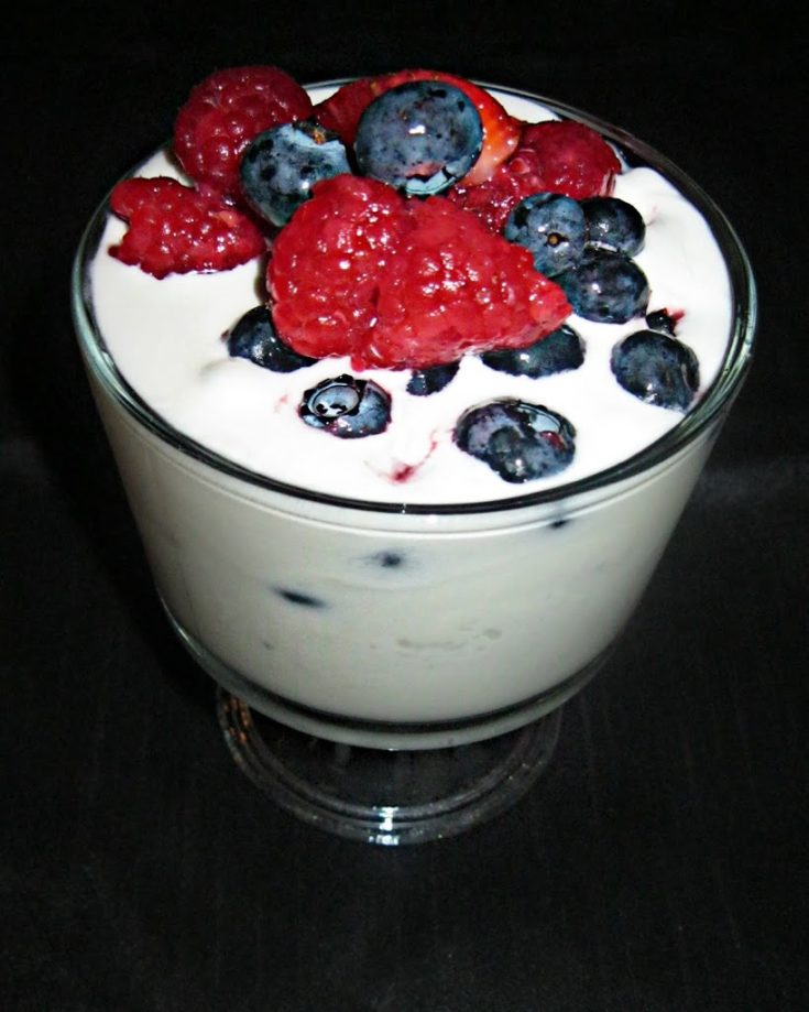 overhead of ice cream with berries in it