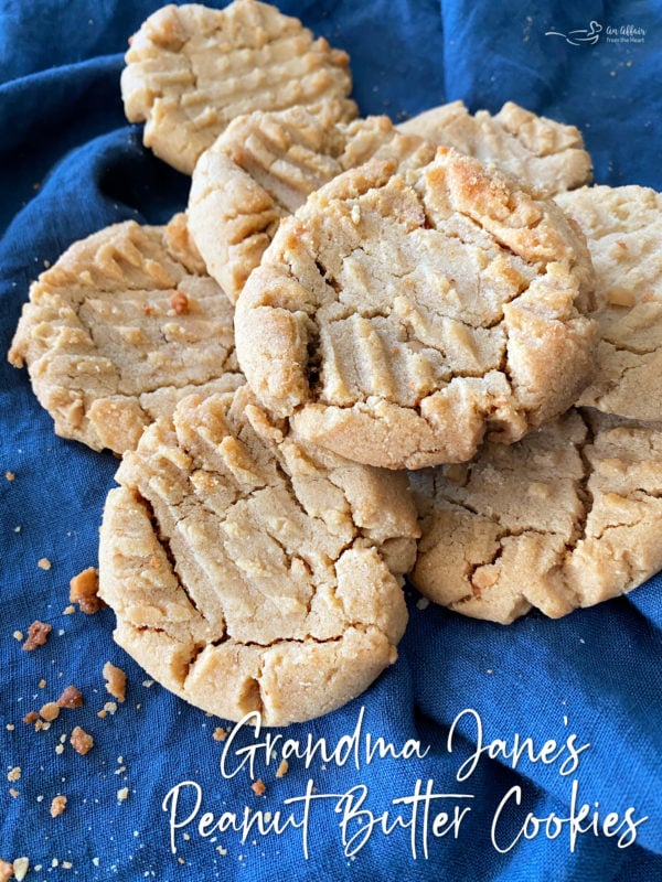 top view of a stack of classic peanut butter cookies with text