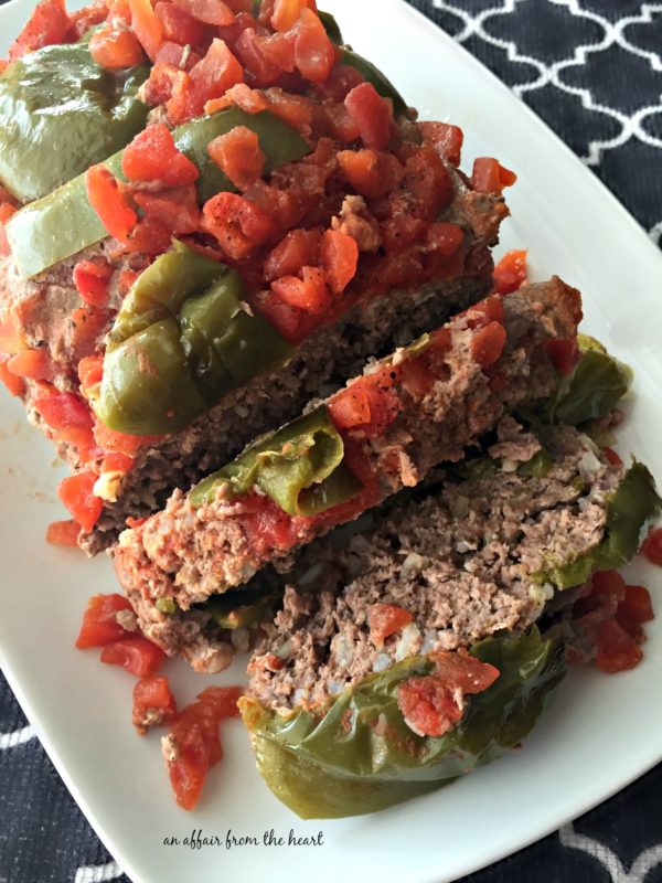 Overhead image of Stuffed Pepper Meatloaf on a white platter