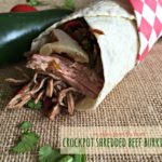 Pinterest image with text "Crockpot shredded beef burritos"