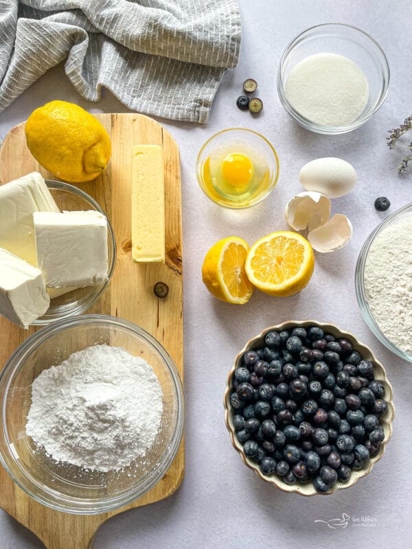 ingredients for lemon blueberry crumb bar 