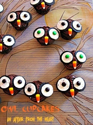 overhead of owl cupcakes on a hand drawn tree text "owl cupcakes"