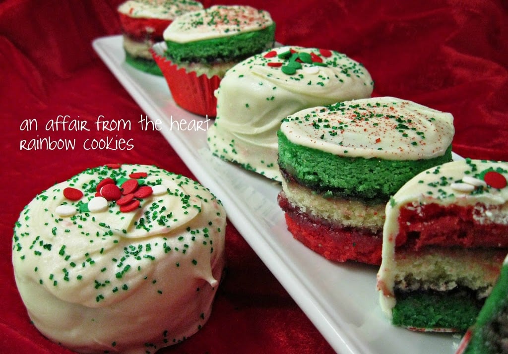 Rainbow cookies on a long white platter