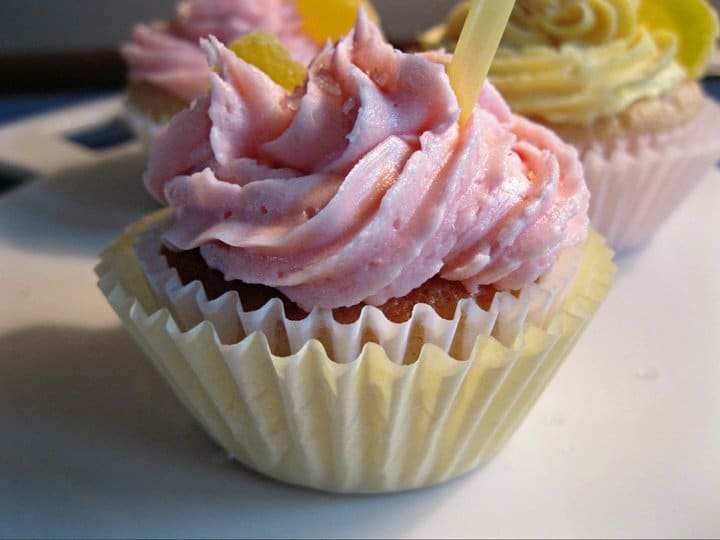 Close up of a pink lemonade cupcake