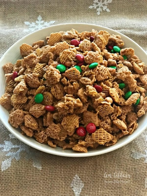 Crispix Snack Mix in a white bowl