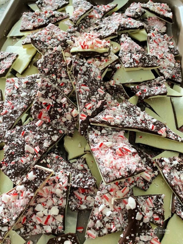 white and dark chocolate peppermint bark broken into pieces