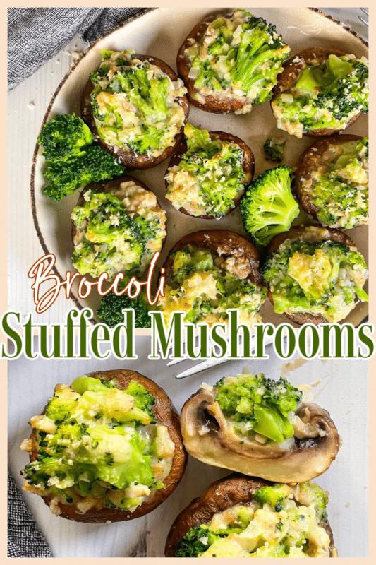 two images of stuffed mushrooms with graphic 
