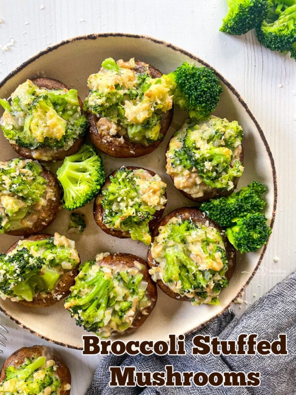 plate of stuffed. mushrooms with broccoli