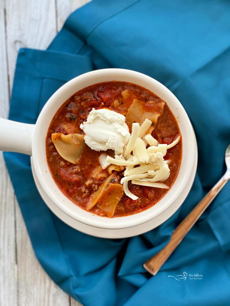 overhead of Easiest Lasagna Soup Recipe hero image