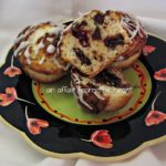 Chocolate Chip Raspberry Muffins on a multii colored plate
