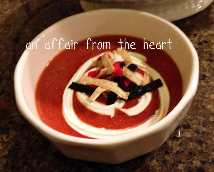 overhead of Fire Roasted Tomato Soup in a white bowl