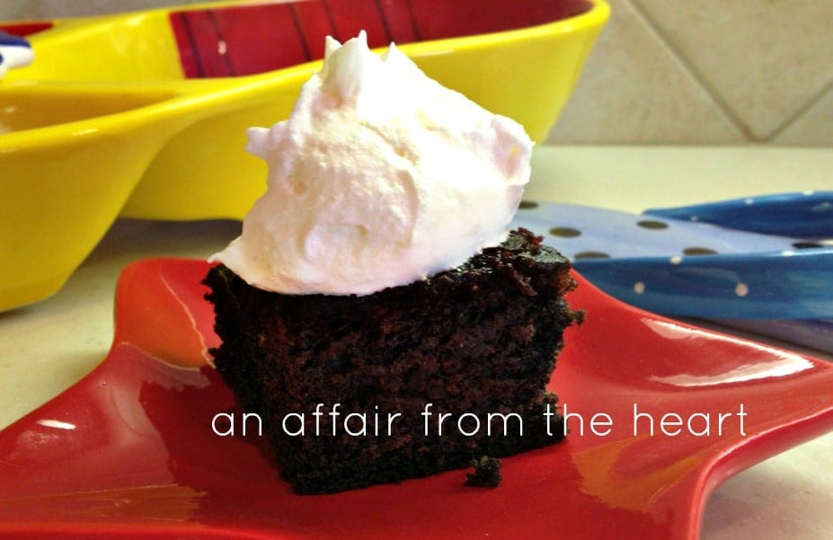 Close up of Slice of depression cake on a red star shaped plate