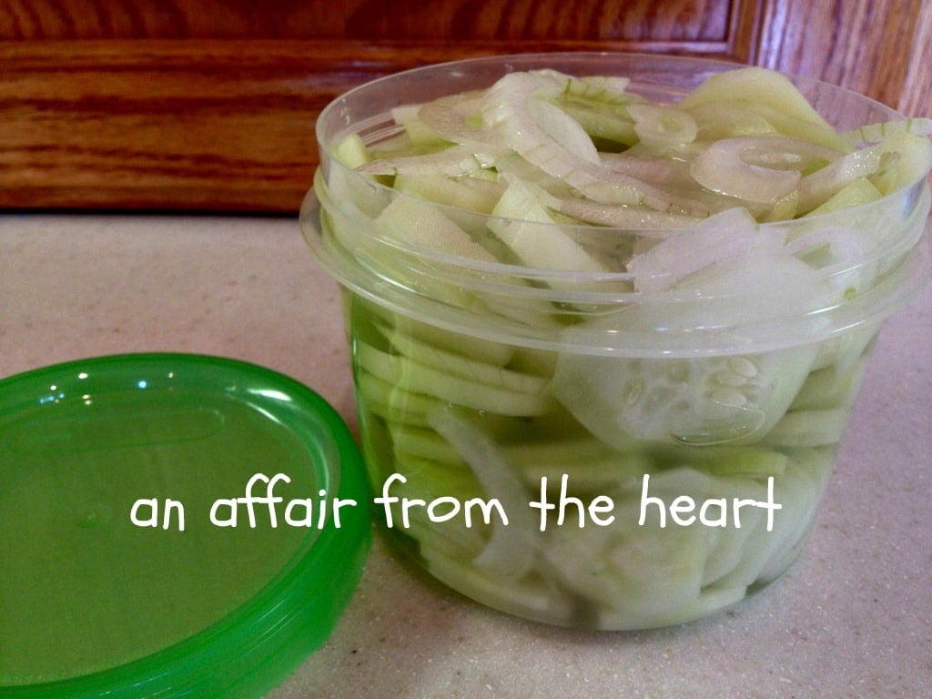 Refrigerator pickles in a plastic container