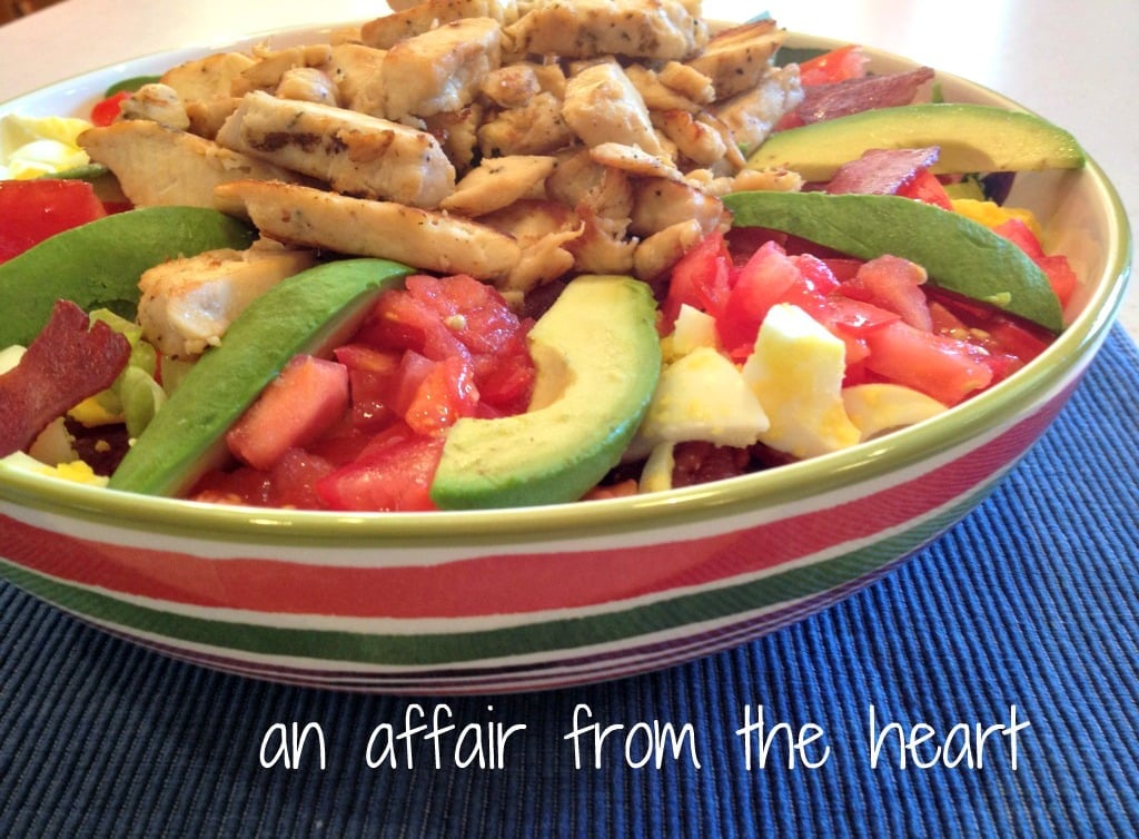 Close up of B.L.A.T. Chicken Chop Salad (Bacon, Lettuce, Avocado & Tomato)