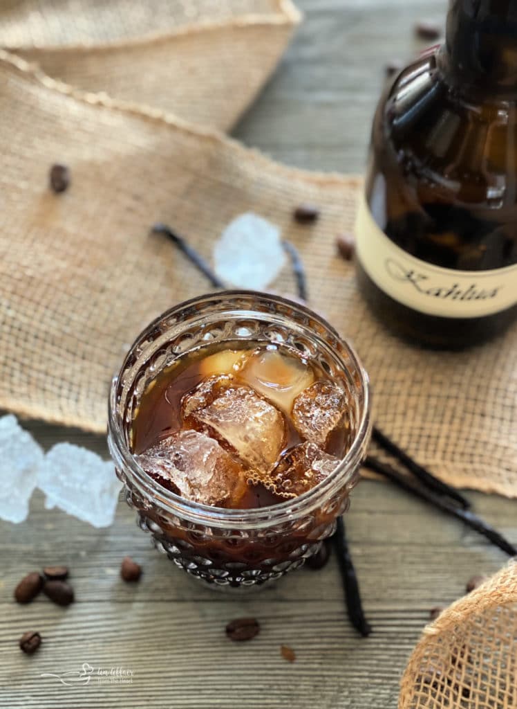 Overhead of a glass with ice and kahlua in it