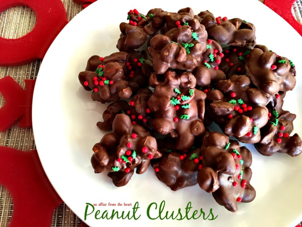 overhead of Peanut Clusters on a white plate with text "peanut clusters"