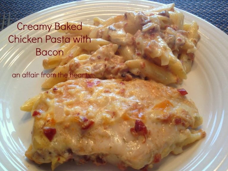 creamy baked chicken pasta with bacon on a white plate with text "creamy baked chicken pasta with bacon"