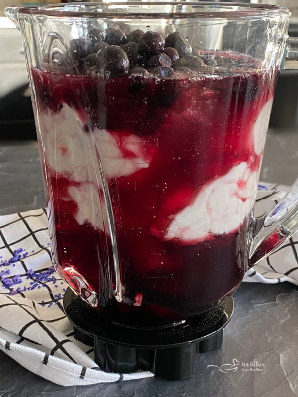 Front view of Purple Cow smoothie in blender
