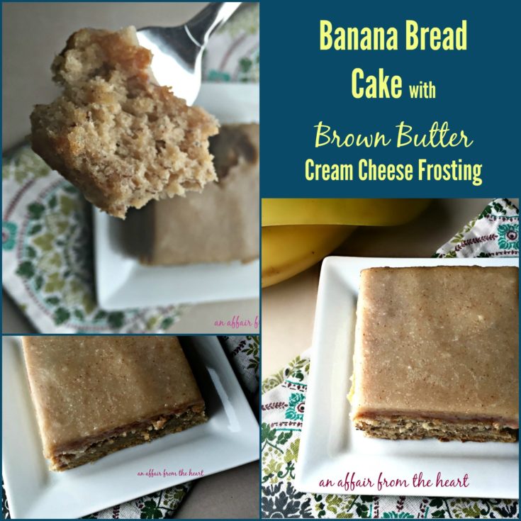 collage image of Banana Bread Cake with Brown Butter Cream Cheese Frosting