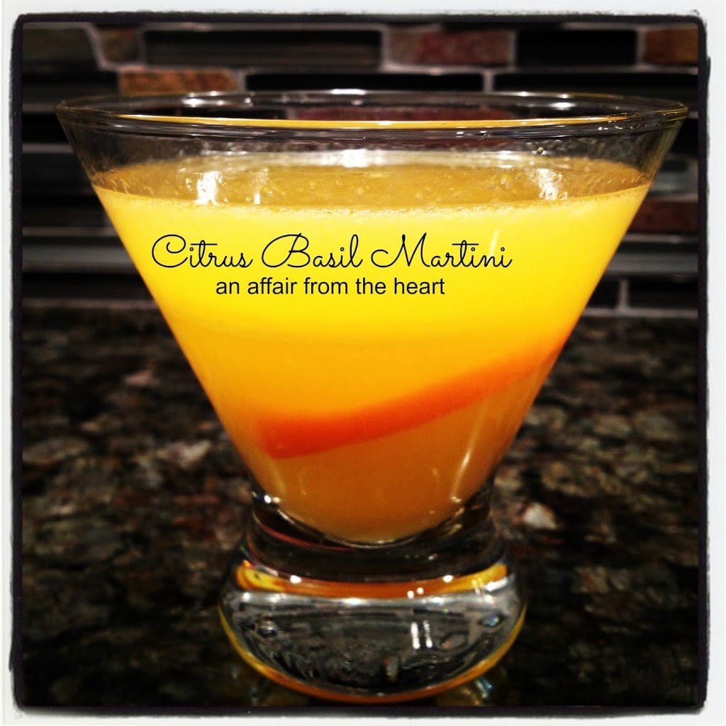 Side view of Citrus Basil Martini with text of the same