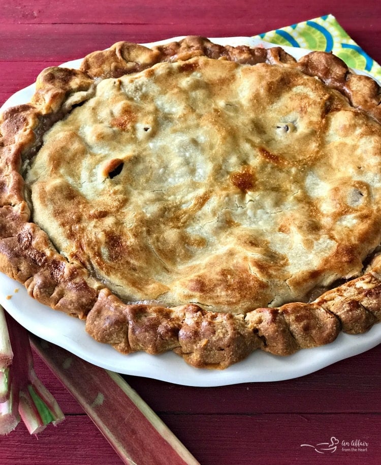 Grandma's Rhubarb Pie in a white pie dish