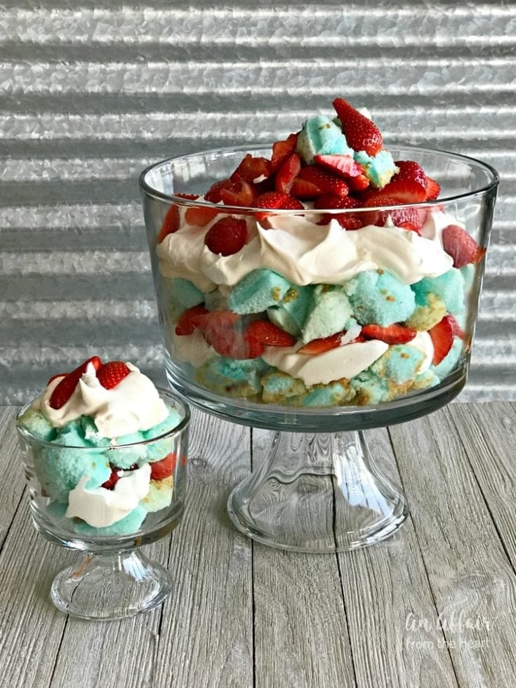 side view of Red, White and Blue Strawberry Shortcake Trifle