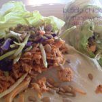 close up of lettuce wraps with text "buffalo chicken lettuce wraps"