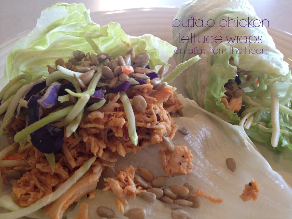 close up of lettuce wraps with text "buffalo chicken lettuce wraps"