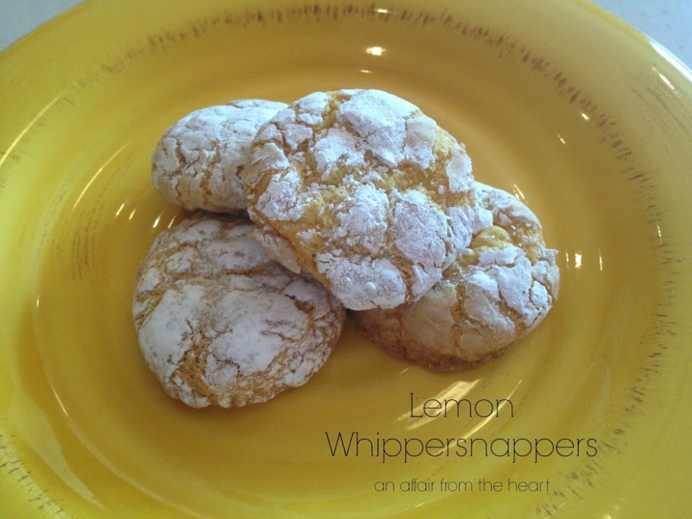 Lemon Whippersnappers coookies on a yellow plate with text "Lemon Whippersnappers"