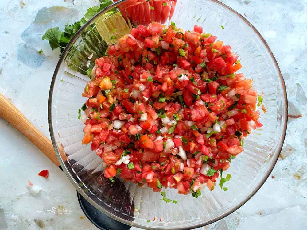 Overhead of Pico de Gallo in a clear bowl