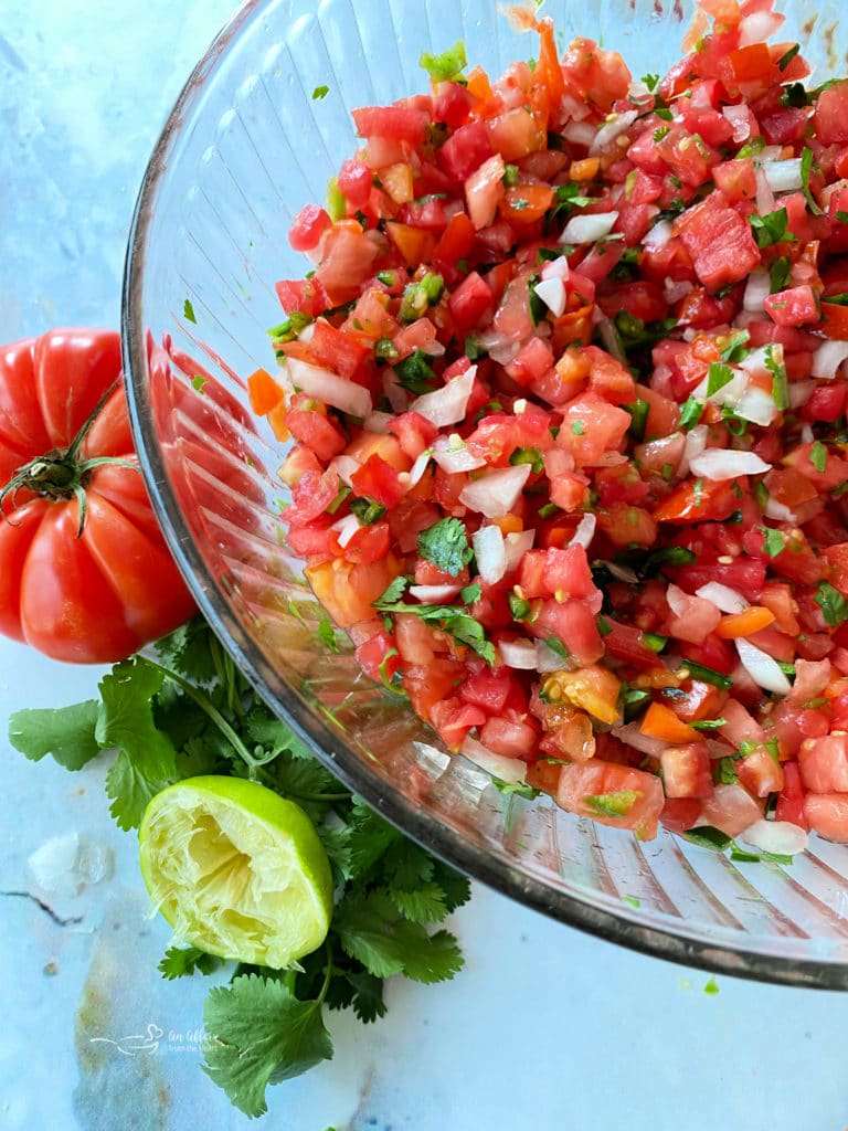 Overhead of Pico de Gallo in a clear bowl