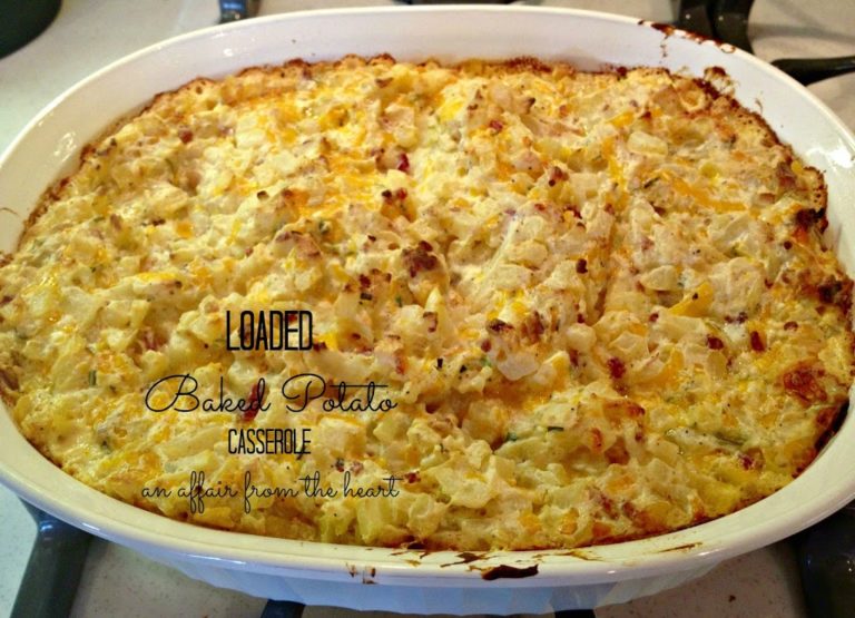 overhead of loaded baked potato casserole with text of the same