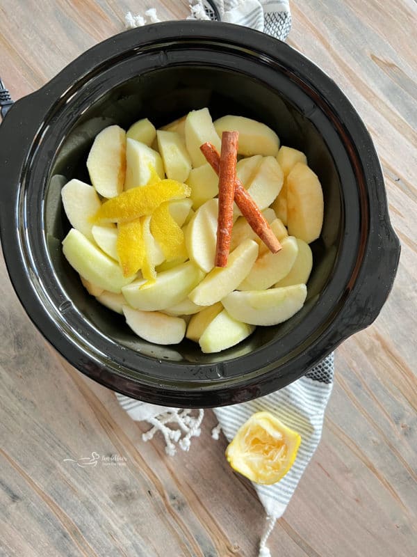 apples and cinnamon sticks in a crock pot