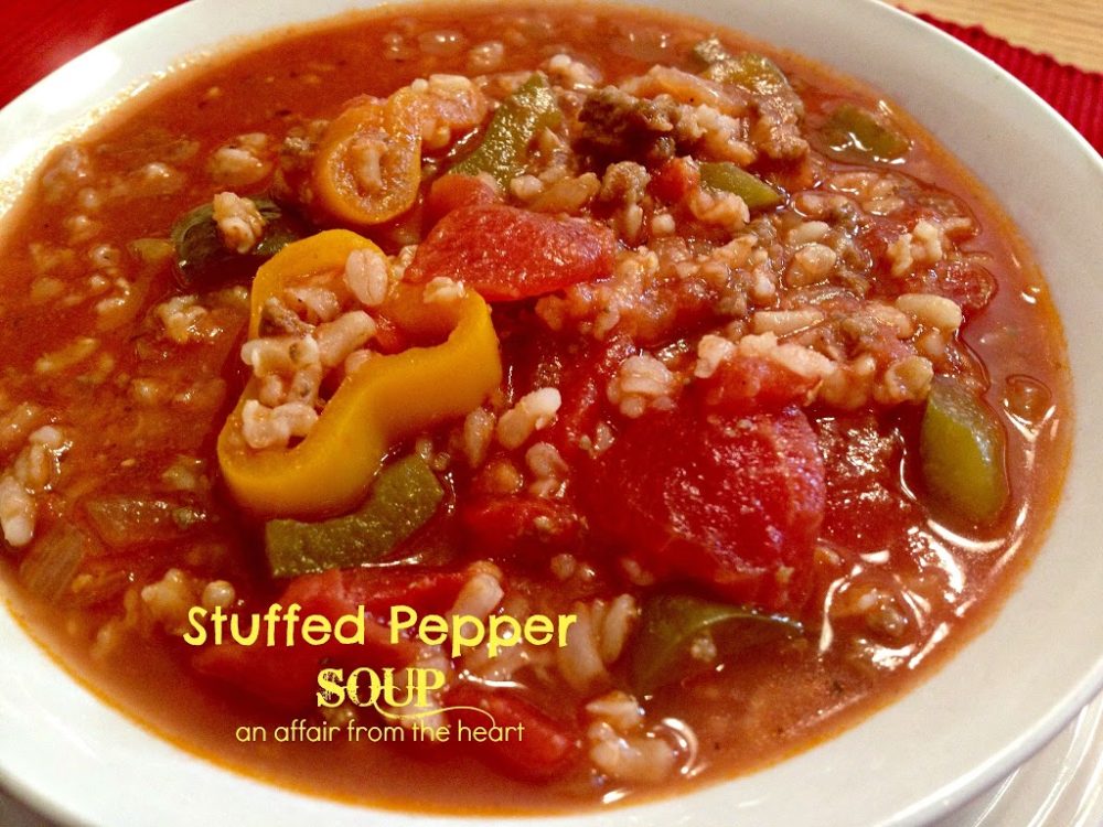 close up of stuffed pepper soup in a white bowl