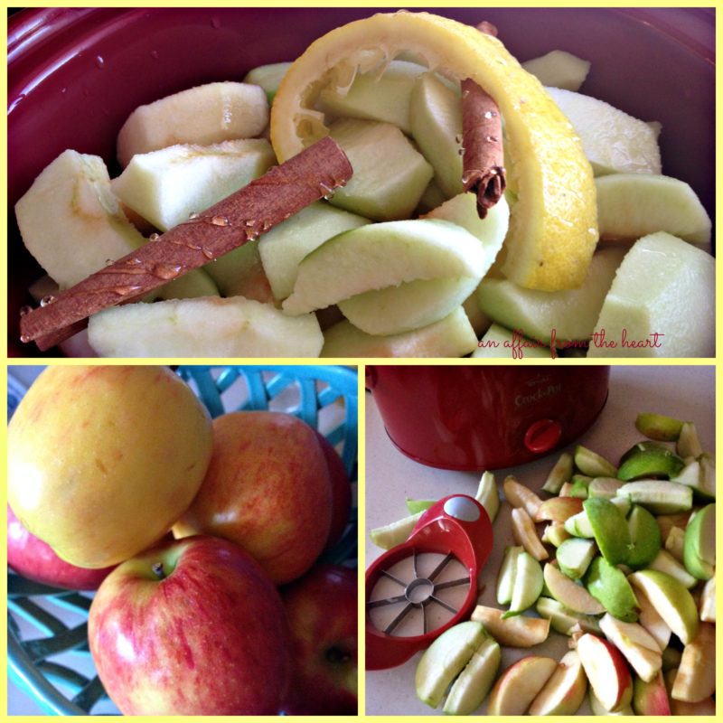 collage of crock pot cinnamon apple sauce