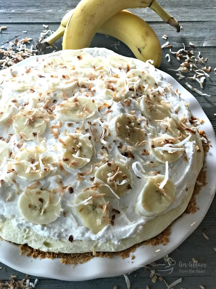 Close up of Banana Cream Pie in a white dish