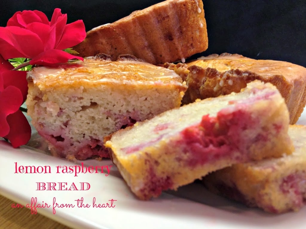 Close up of Lemon Raspberry Bread Sliced and text "lemon raspberry bread"