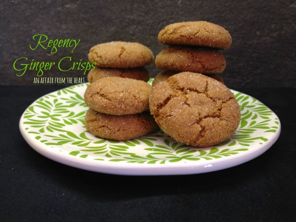 Regency ginger crisps stacked on a white and green plate with text "Regency Ginger Crisps"