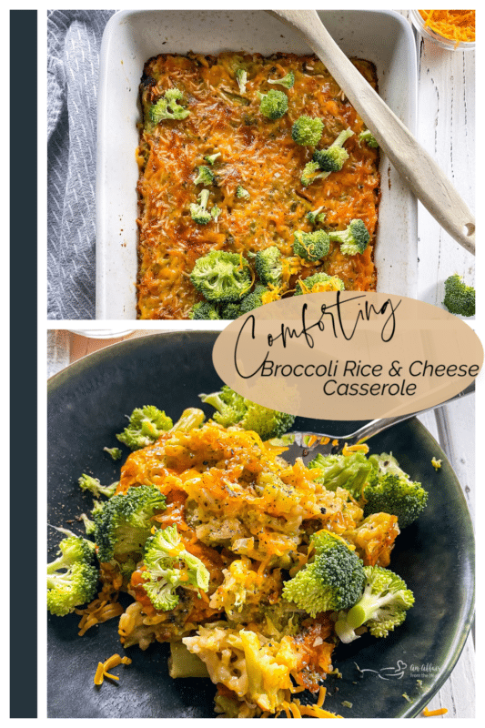 Collage image of broccoli rice and cheese casserole
