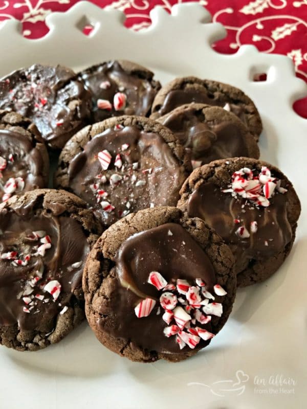 close up Chocolate Mint Candy Cookies on a white platter