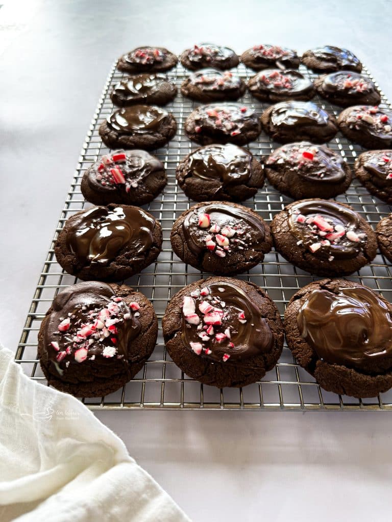 Close up of Chocolate Mint Candy Cookies on a cooling rack.