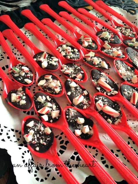 chocolate peppermint dipping spoons on a white napkin