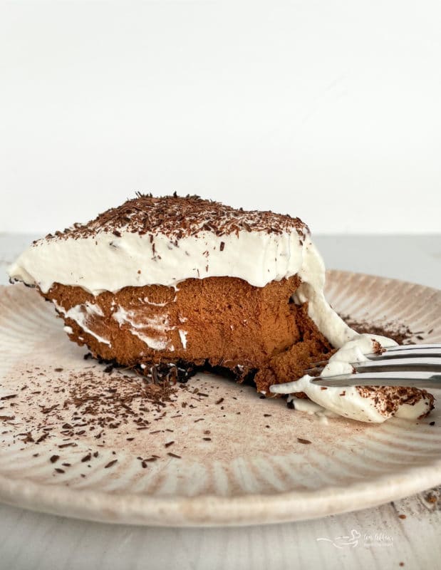 one slice of French silk pie on plate