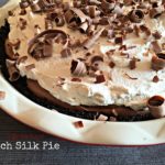 close up of french silk pie in a white Pie dish and text "French silk pie"