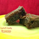 Brownies on a yellow plate with text "lunch lady brownies"