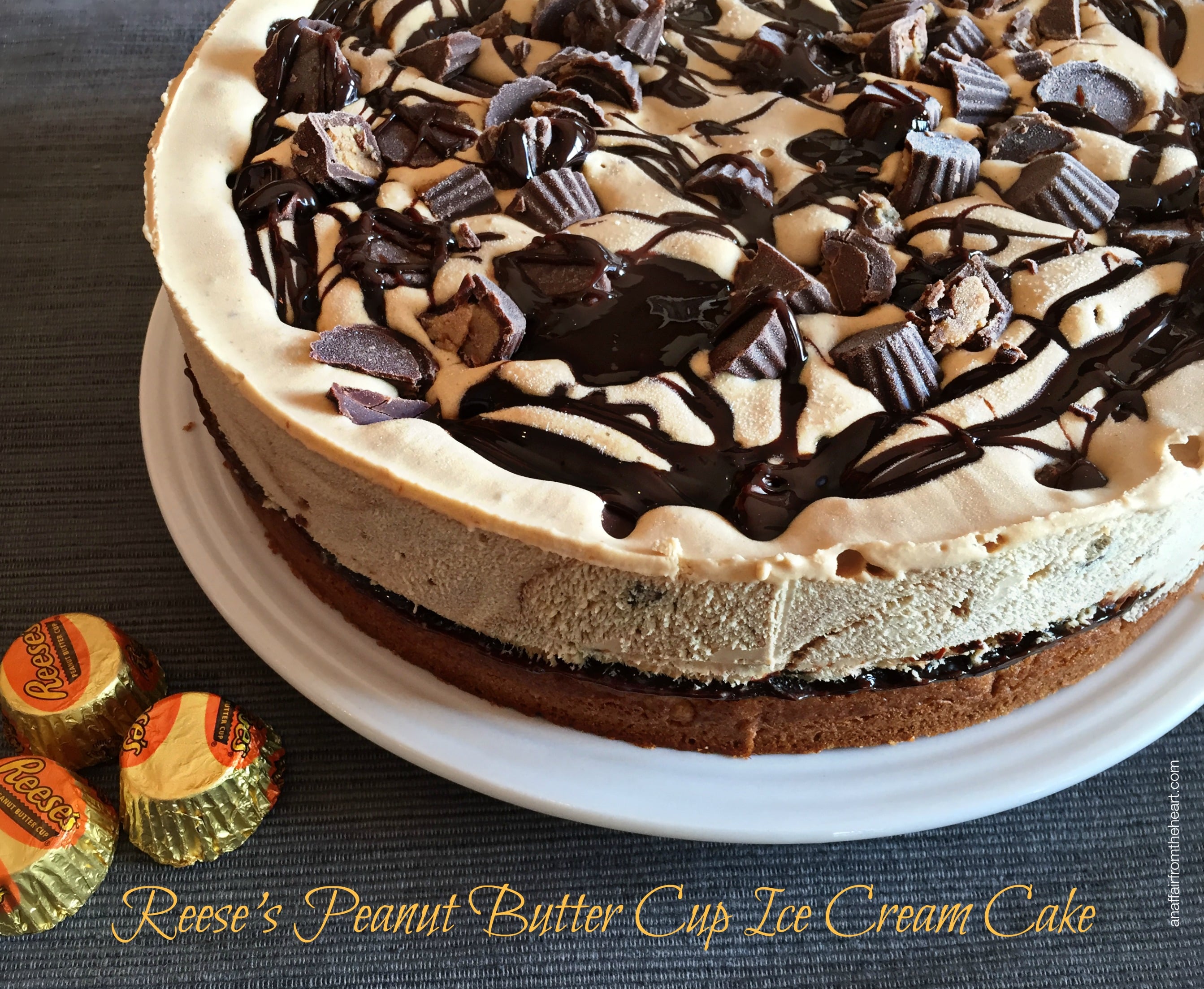 Overhed of reeses peanut butter cup ice cream cake with text "reese's peaut butter cup ice cream cake"