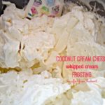 Frosting in a bowl with text "coconut cream cheese whipped cream frosting"