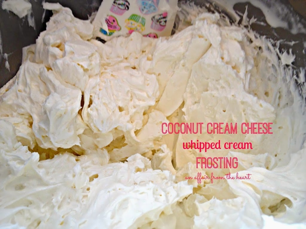 Frosting in a bowl with text "coconut cream cheese whipped cream frosting"