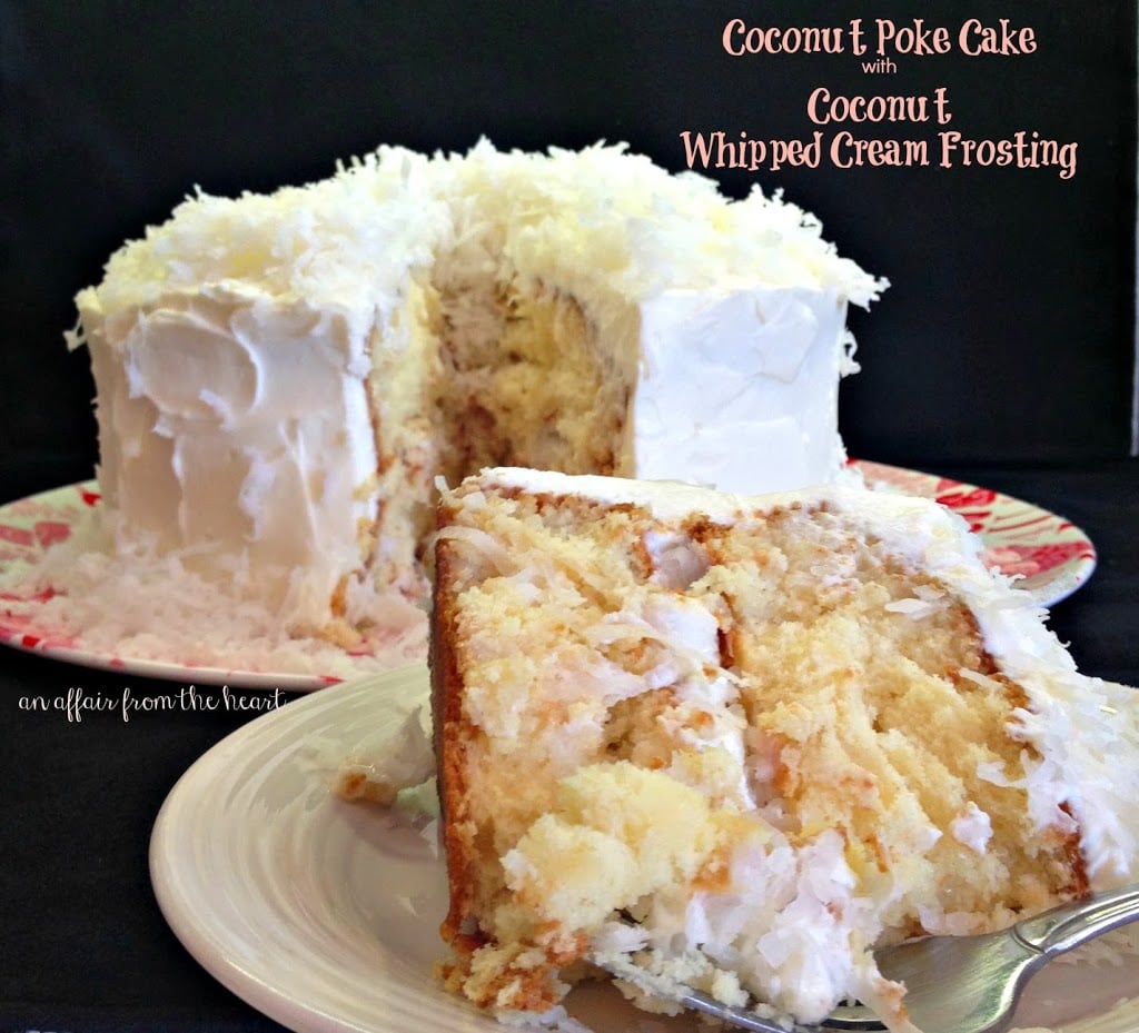 coconut cream poke cake with coconut whipped cream frosting